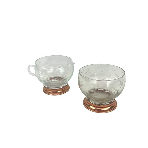 Etched Glass and Copper Base Vintage Glass Creamer and Sugar Bowl Set With Coppe - Picture 1 of 8